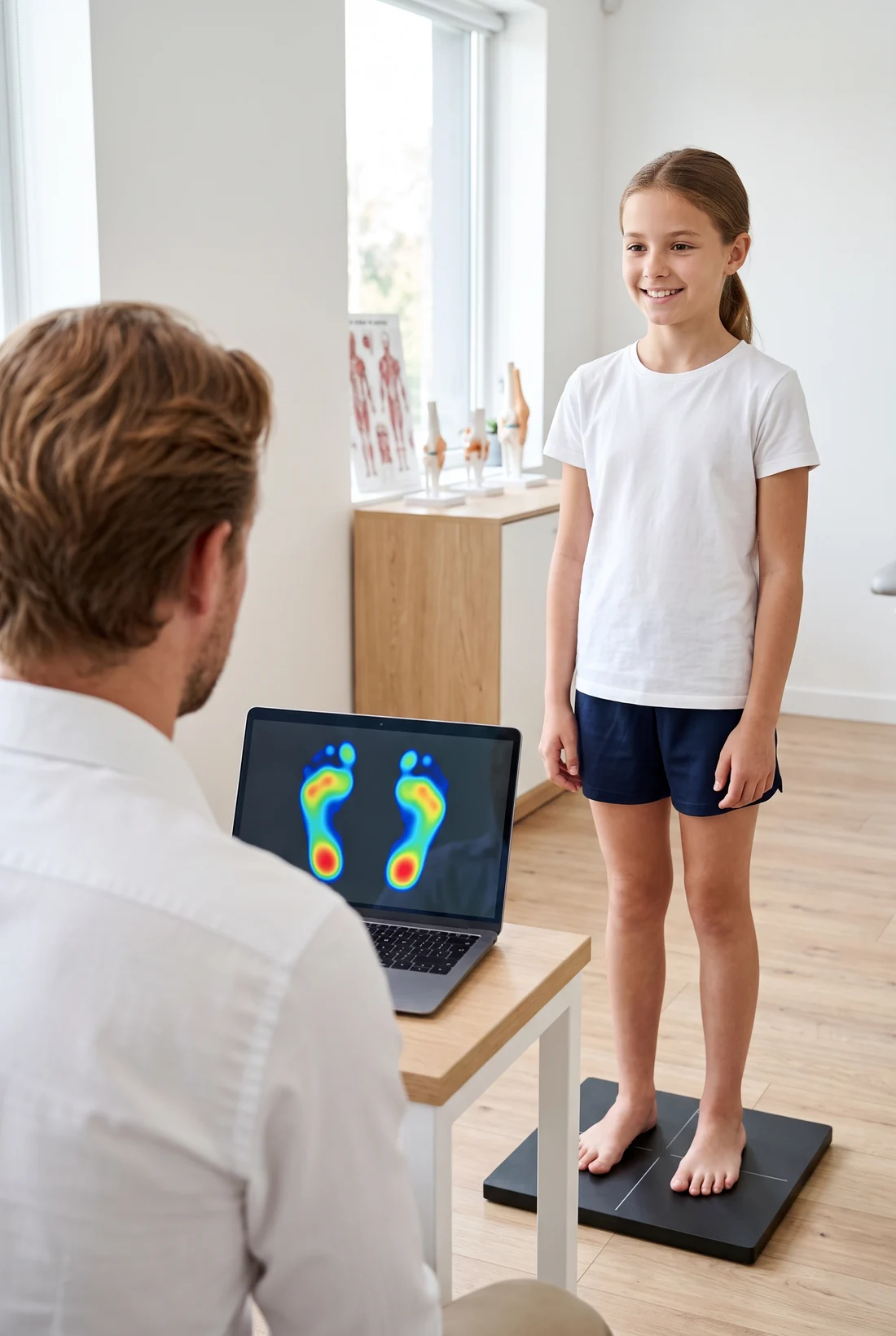 Analyse des appuis : une enfant monte sur la plateforme de pression, le praticien suit la carte des appuis sur l'ordinateur